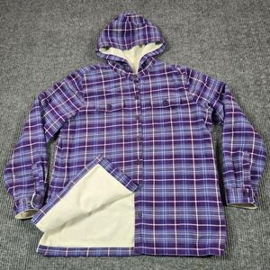 LL Bean Jacket Womens Medium Purple Plaid Fleece Lined Hooded Flannel 296823